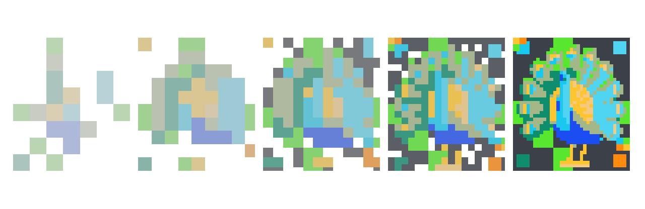 The accepted peacock level resolving across five passes, from scattered blocks on the left to the finished shipped board on the right